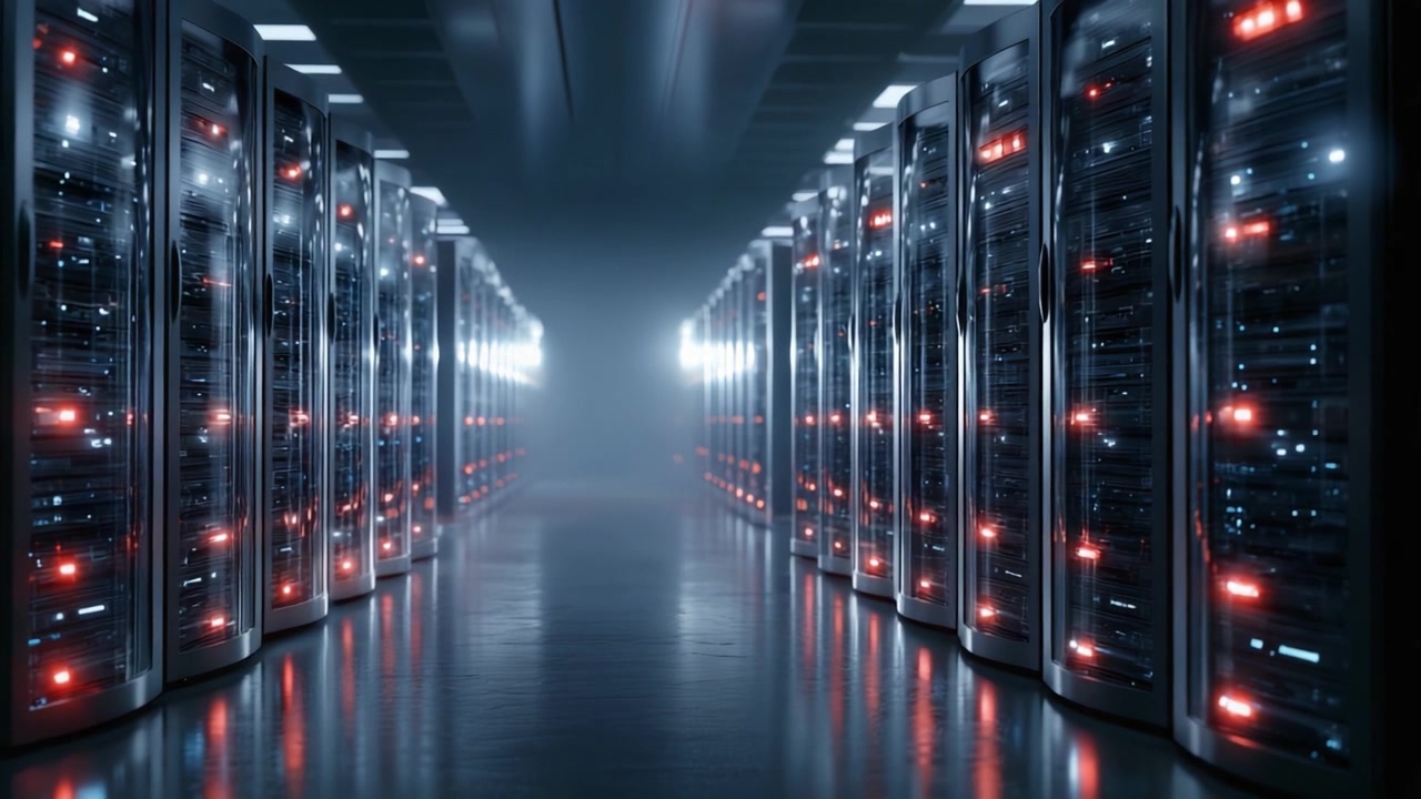A Glimpse into a Modern Data Center: Rows of High-Tech Servers Illuminated by Bright Lights, Creating a Futuristic Ambiance