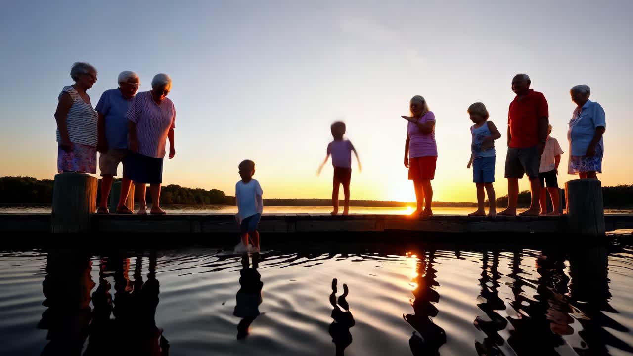 Grandparents and grandchildren enjoying a sunset by the lake