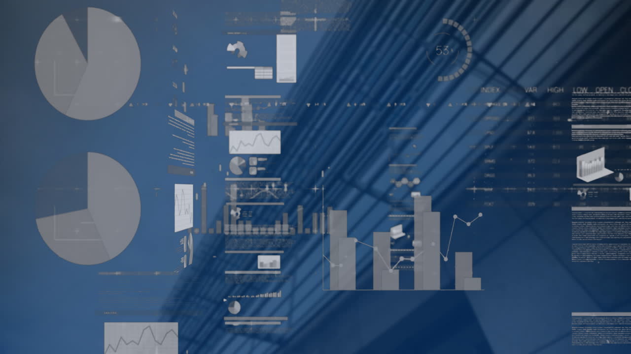 Animation of statistical data processing over grid network against tall building