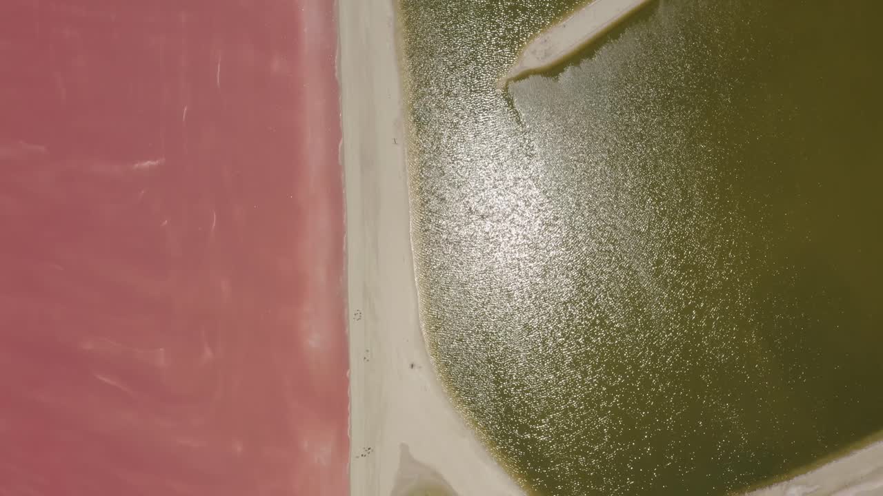 birdview에서 분홍색과 녹색 소금 연못의 공중