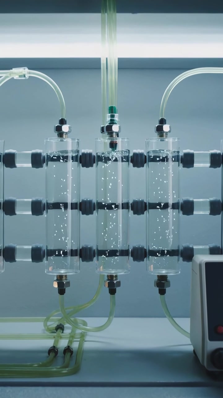 Video verticale: Controller che alimenta la pompa e invia gas in 3 colonne su banco da laboratorio