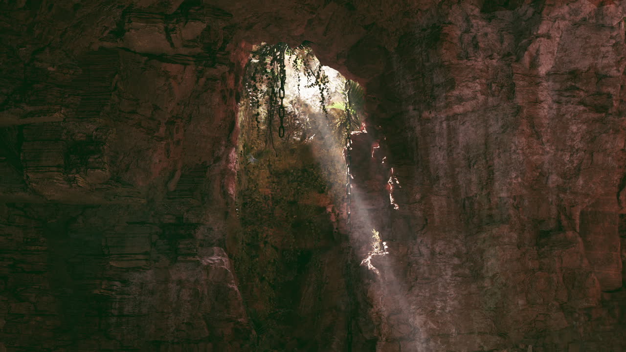 Natural light streaming through a cave opening illuminating the rocky walls