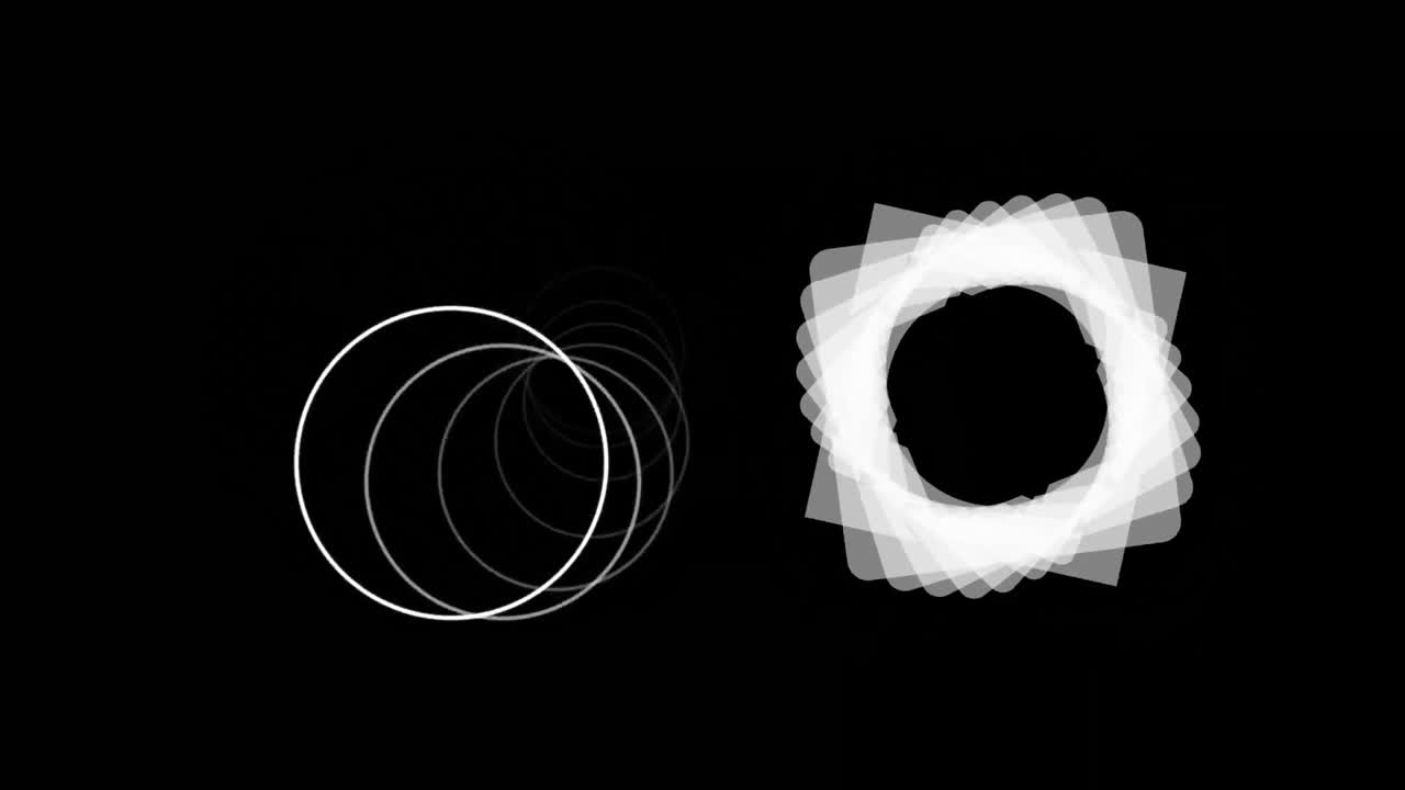 Digital animation of two abstract circular shape spinning against black background