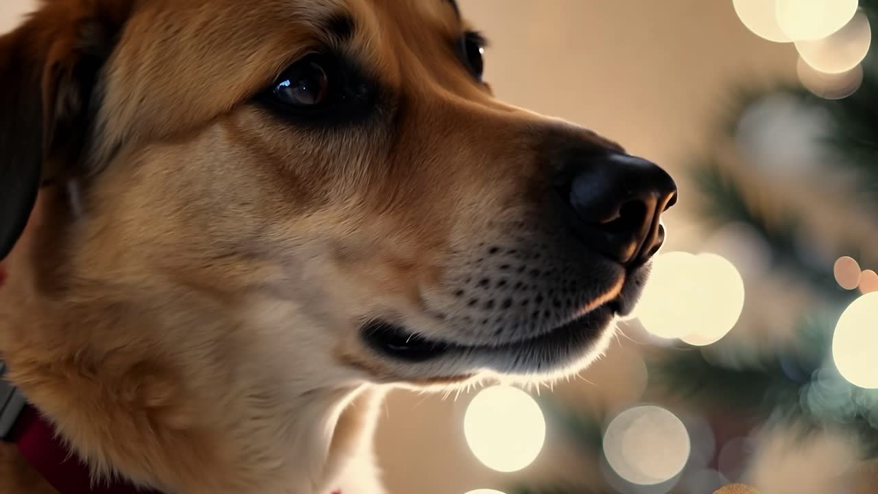 크리스마스 트리를 바라보는 개의 클로즈업