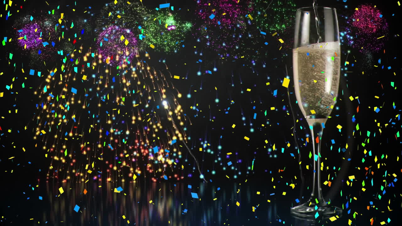 Animatie met kleurrijke confetti, vuurwerk en een champagneglas, op zwart