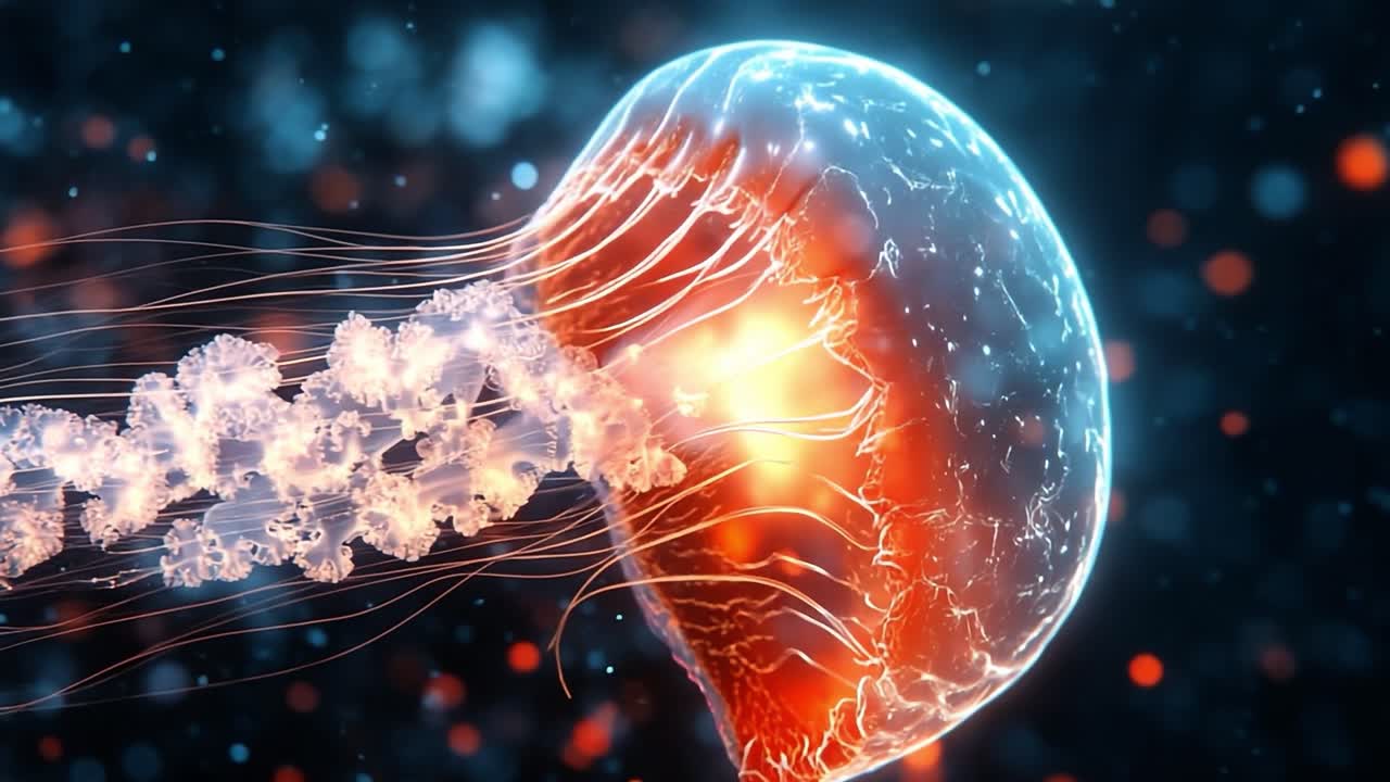 Glow of jellyfish in dark sea. A glowing jellyfish drifts through the deep ocean at night, showcasing its delicate beauty.