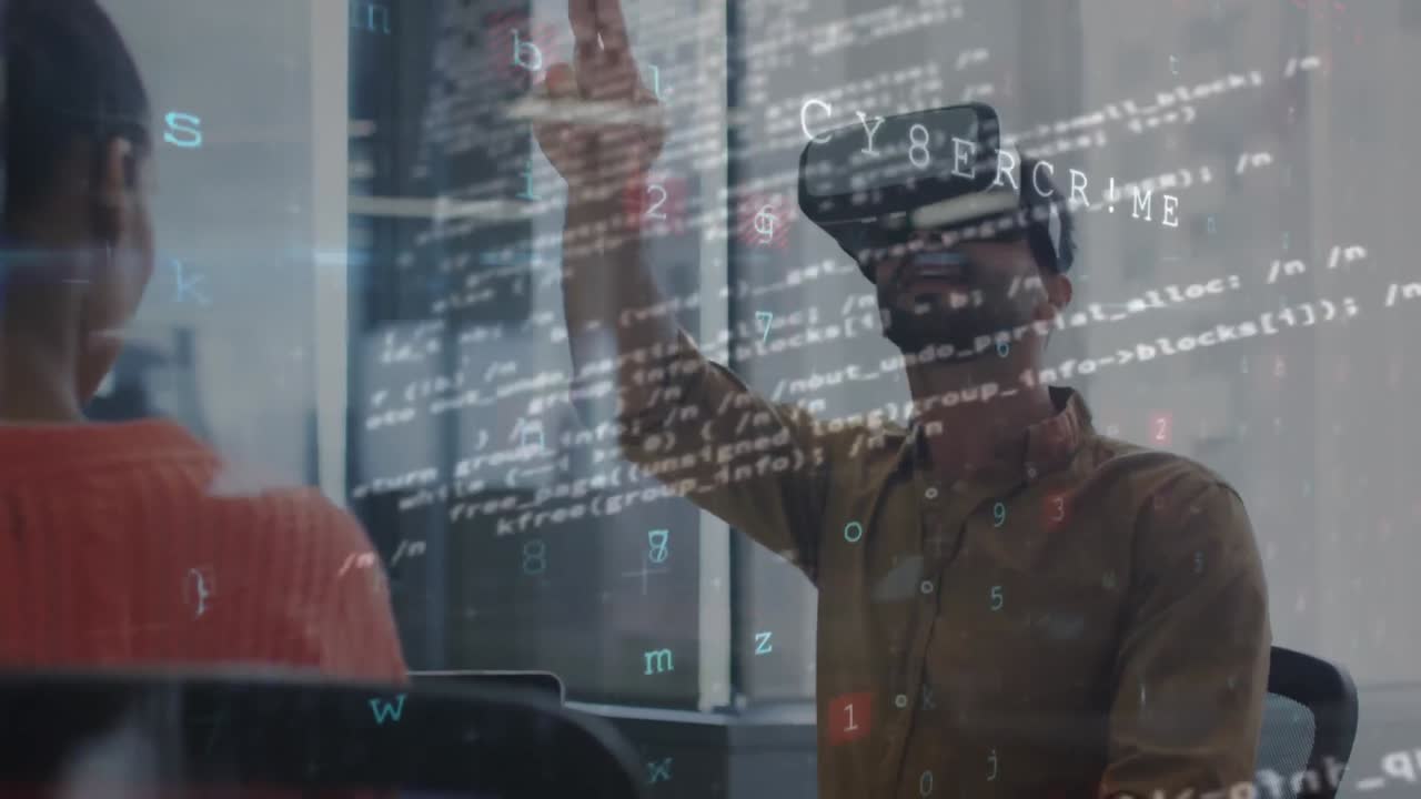 Animation of data processing over diverse business people using vr headset