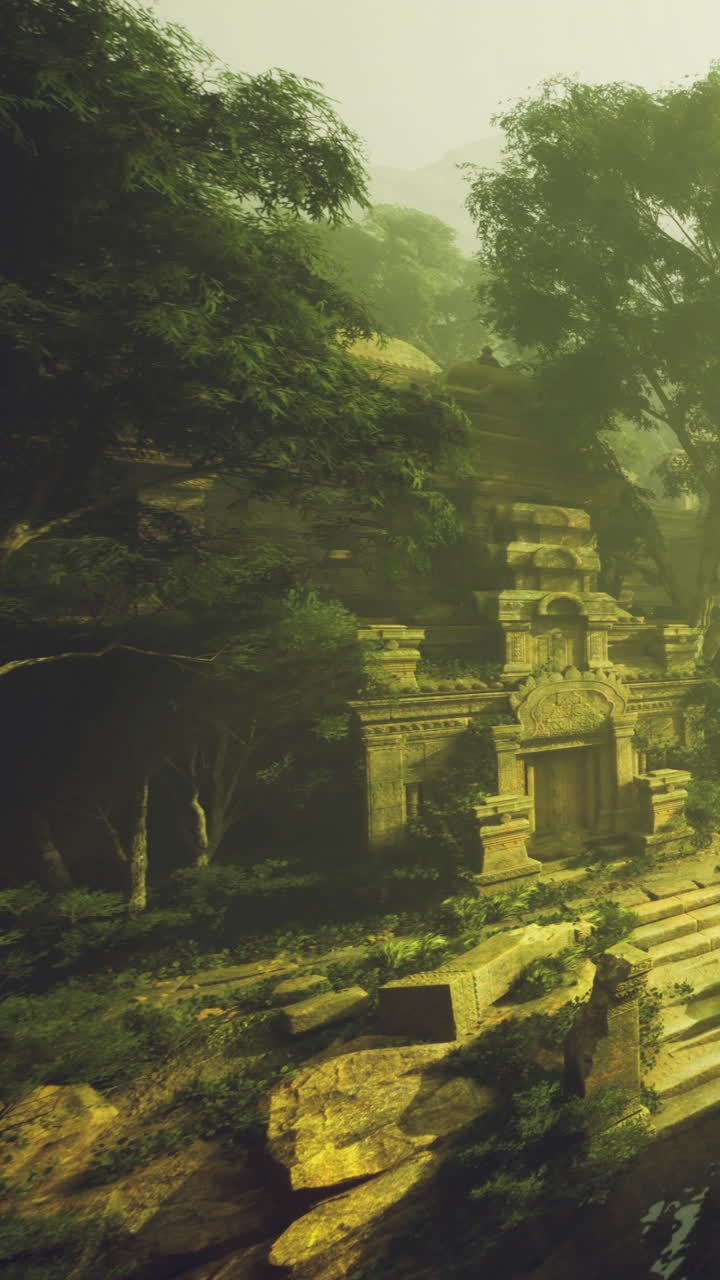 Rovine perdute tra gli alberi in una fitta foresta alla luce del mattino.