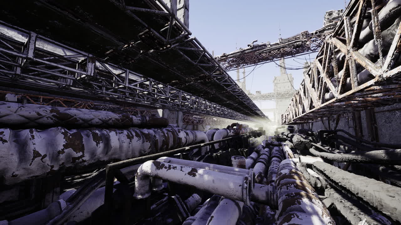 Pipes and structures in a desolate industrial area during early morning light