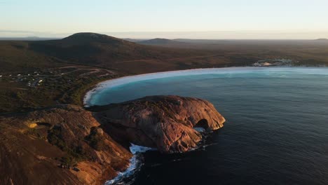 cinematic drone flight at sunrise around lucky bay, cape le grand national park