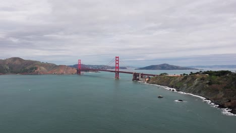 pulling back drone shot of the golden gate bridge from high elevation