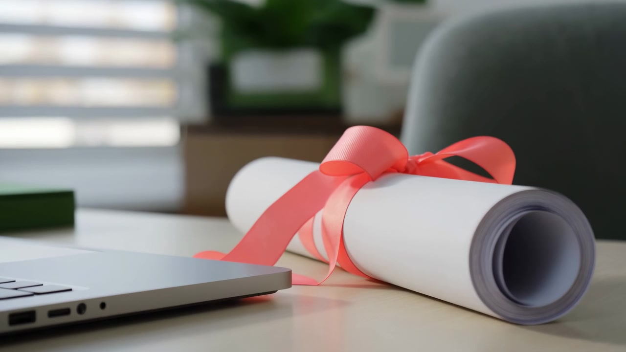 Rolled white document tied with bright red ribbon rests beside open laptop on desk in softly blurred office setting, with calm corporate mood, natural daylight, shallow focus, smooth paper texture