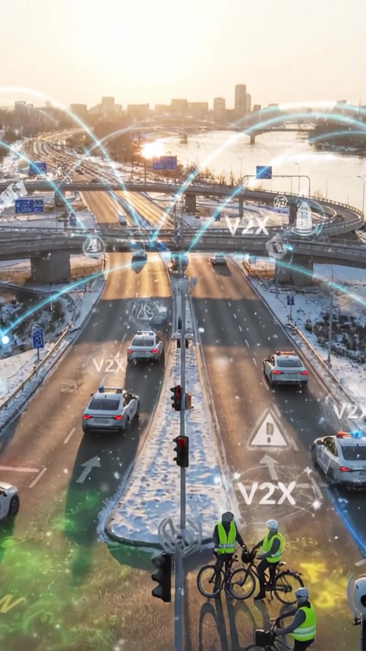 Gestione innovativa del traffico: ciclisti a un incrocio innevato con tecnologia V2X dinamica che migliora la mobilità urbana in un paesaggio urbano proiettato nel futuro