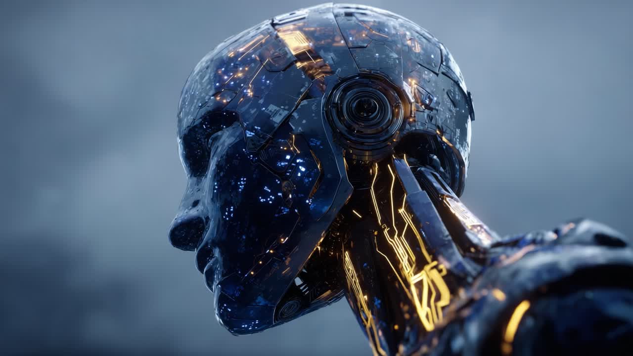 A Futuristic Cybernetic Being: Exploring the Intricate Features and Glow of a Self-Aware Robot with a Stunning Metallic Structure and Lively Light Display