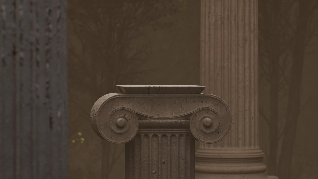 Ancient greek ionic column capital moving in a mysterious forest