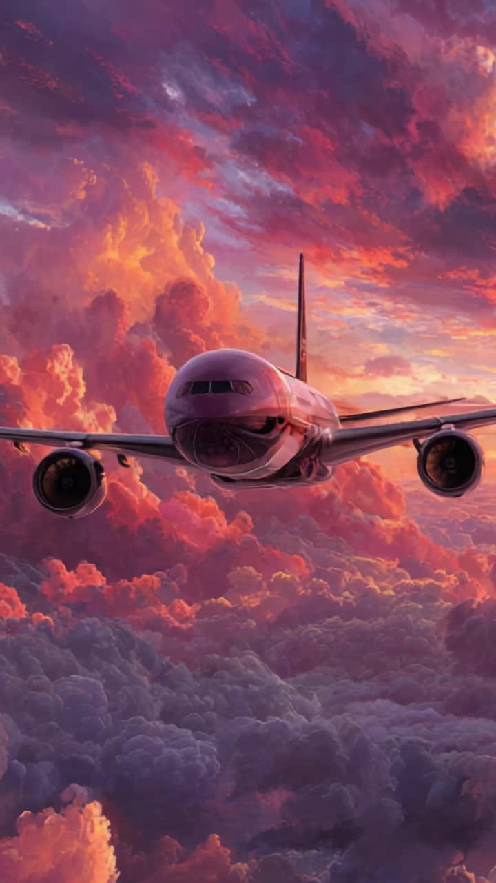 Un aereo maestoso si libra in un cielo vivido pieno di nuvole colorate al tramonto, catturando la bellezza del trasporto aereo in immagini straordinarie