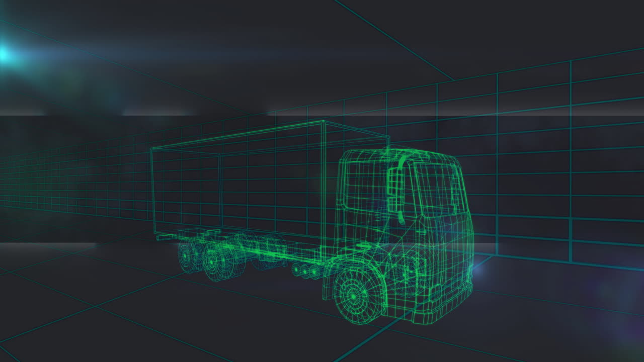 Designing futuristic wireframe truck in digital animation grid environment