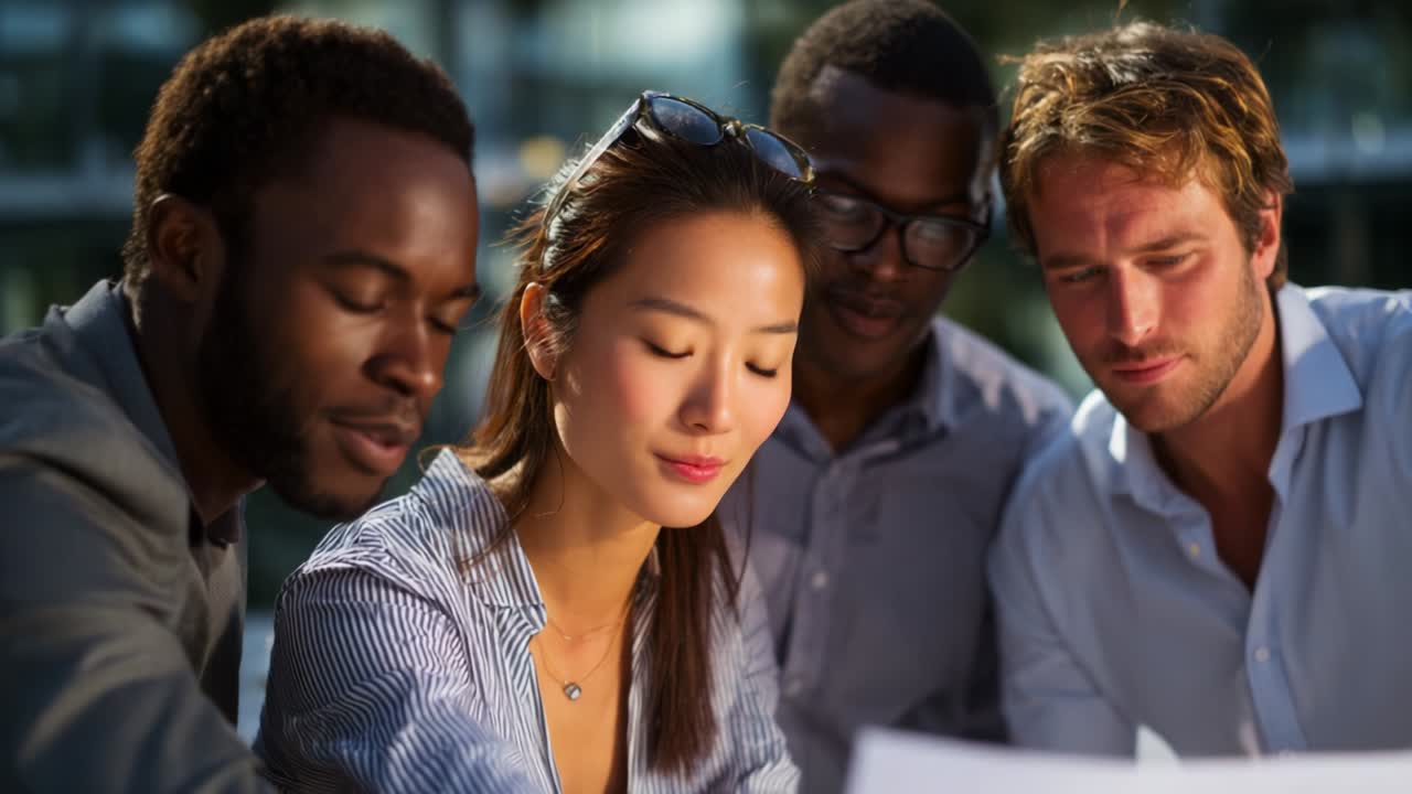A group of four young professionals engages collaboratively over printed documents, showcasing focus and teamwork while enjoying a vibrant outdoor setting enriched by natural light and friendly interactions