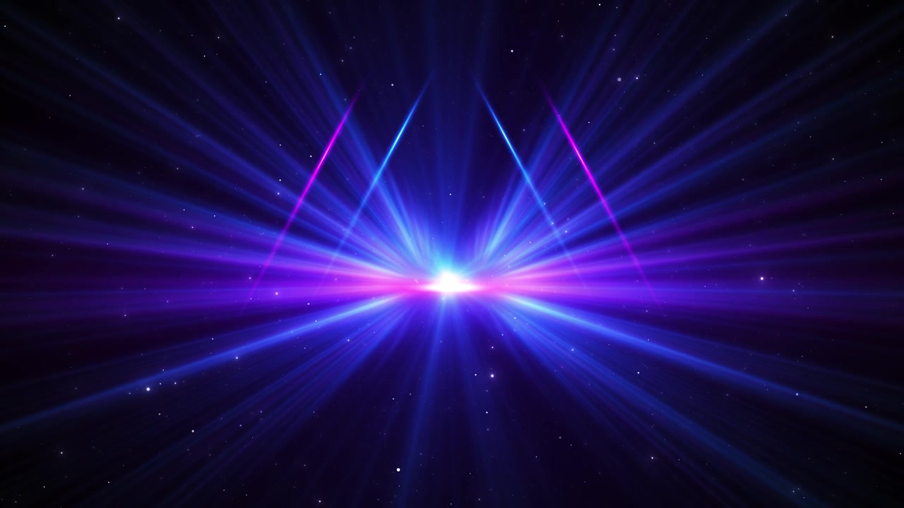 Sfondo con esplosione di luci colorate da palco, raggi blu e viola, bagliore centrale luminoso, particelle a stella, concerto