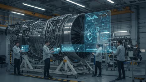 technicians analyze advanced jet engine with interactive holographic displays, showcasing cutting-edge aviation technology and data monitoring in a modern aerospace facility
