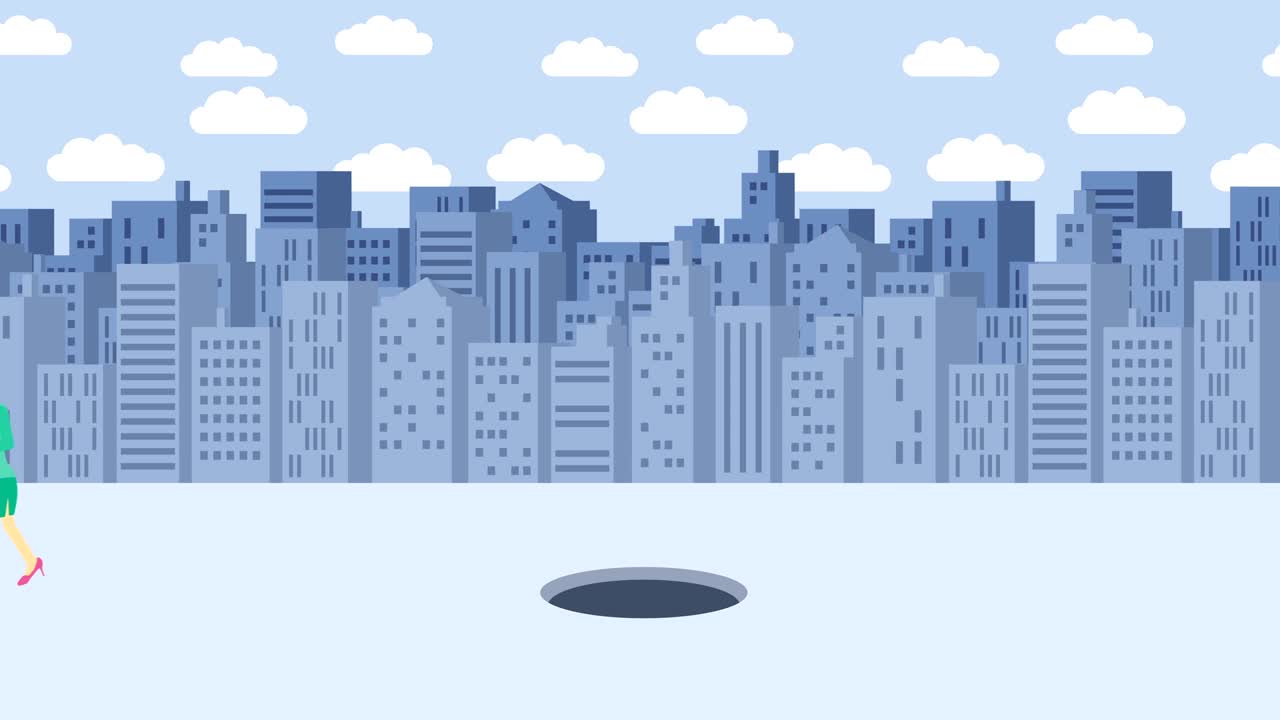 Donna d'affari che salta oltre il buco. Sfondo di edifici. Concetto di rischio. Illustrazione in loop in stile piatto.