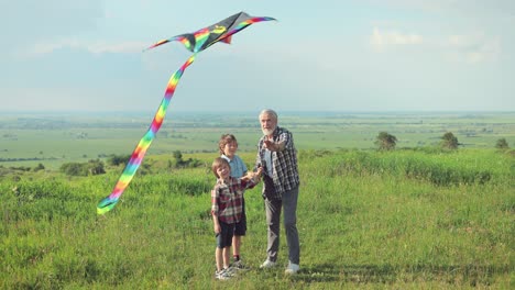 caucasian senior man with his grandchildren in the park while they are flying a kite on a sunny day