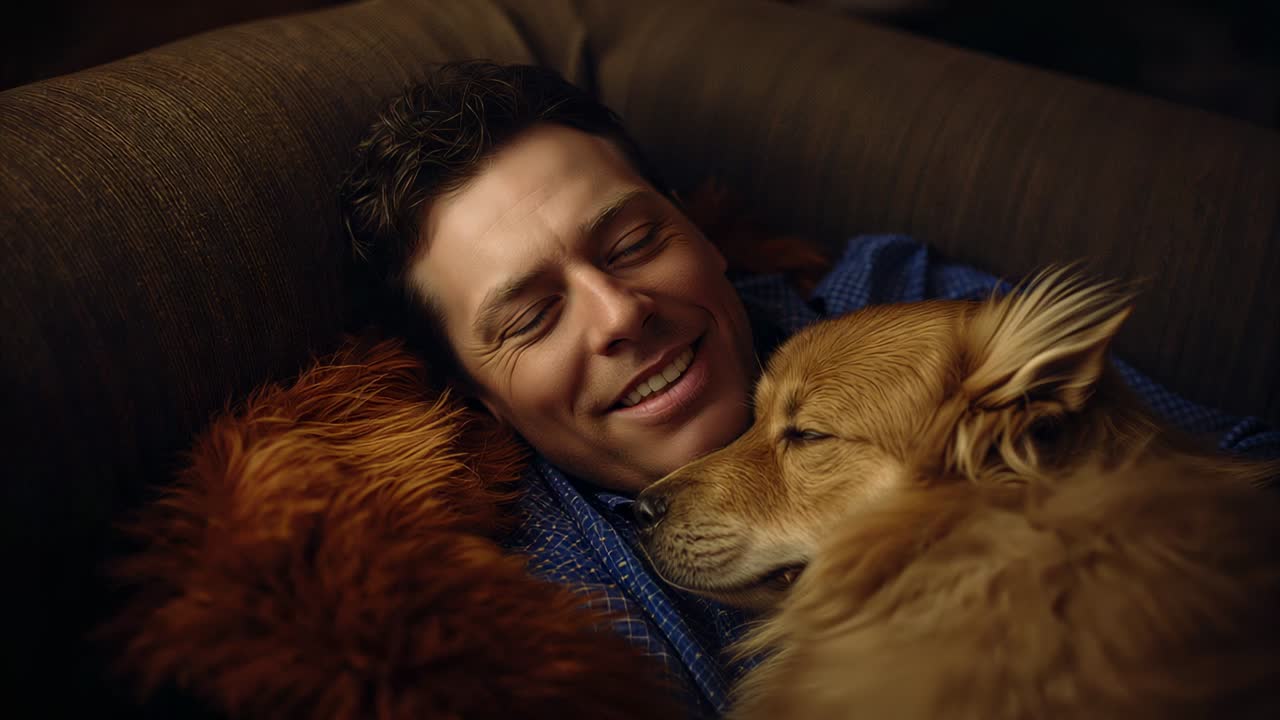 Lifting head, tan dog nudging man's cheek on couch, making man chuckling, showing blue shirt