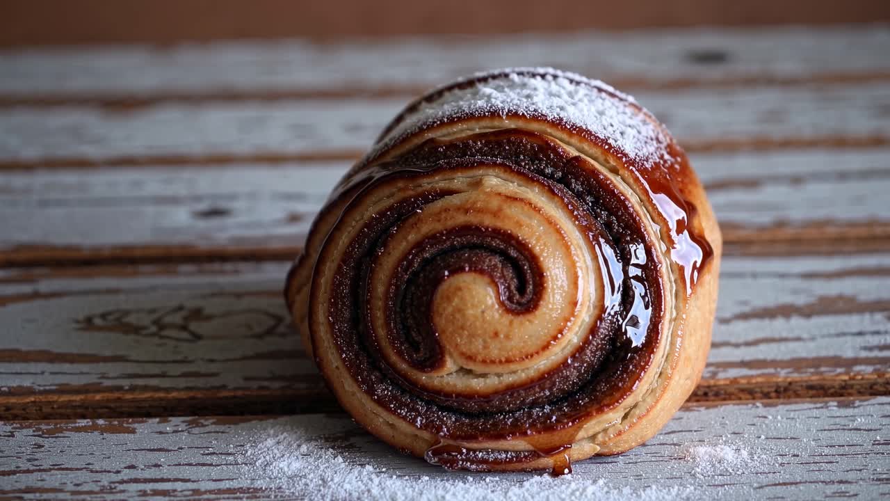 Close-up shot of a cinnamon roll on rustic wood, showcasing its spiral layers with a dusting