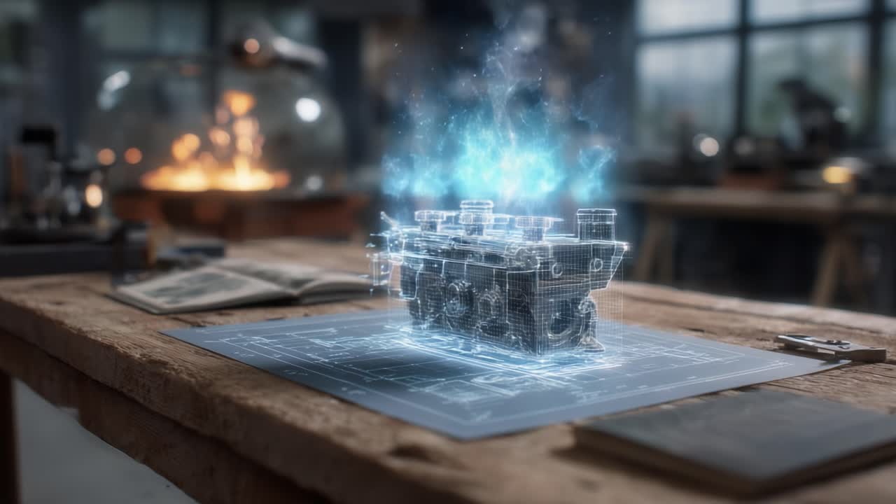 A Stunning Visualization of an Innovative Engine Design, Embodying Cutting-Edge Technology, Sparks of Creativity, and Ingenious Craftsmanship in a Modern Workshop Setting