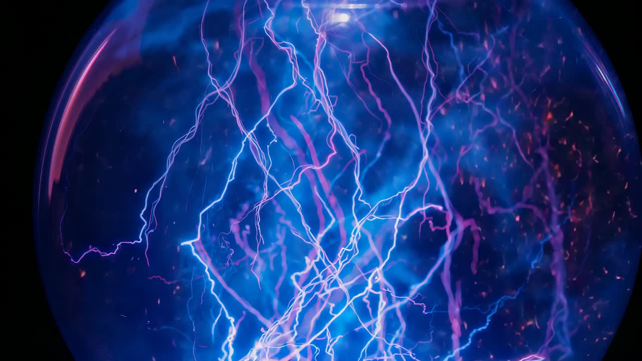 Plasma globe charging from electrode in darkness, sending blue-purple filaments, red-orange sparks