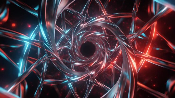 Túnel Espiral Metálico Giratório Abstrato com Iluminação Vermelha e Azul