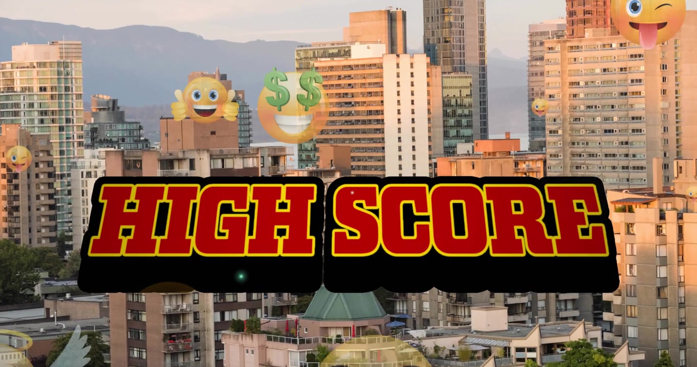 Animation of high score text and emoji icons over cityscape