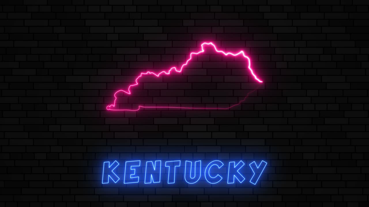 la silueta del mapa de la mancomunidad de kentucky con línea de neón en un fondo de pared de ladrillo oscuro