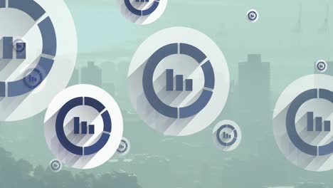 animación de múltiples iconos de gráficos de barras flotando contra la vista aérea del paisaje urbano