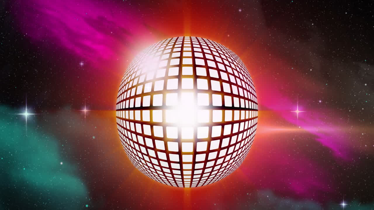 animación de una pelota de discoteca giratoria sobre estrellas y luces de colores