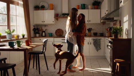a woman and her dog in the kitchen