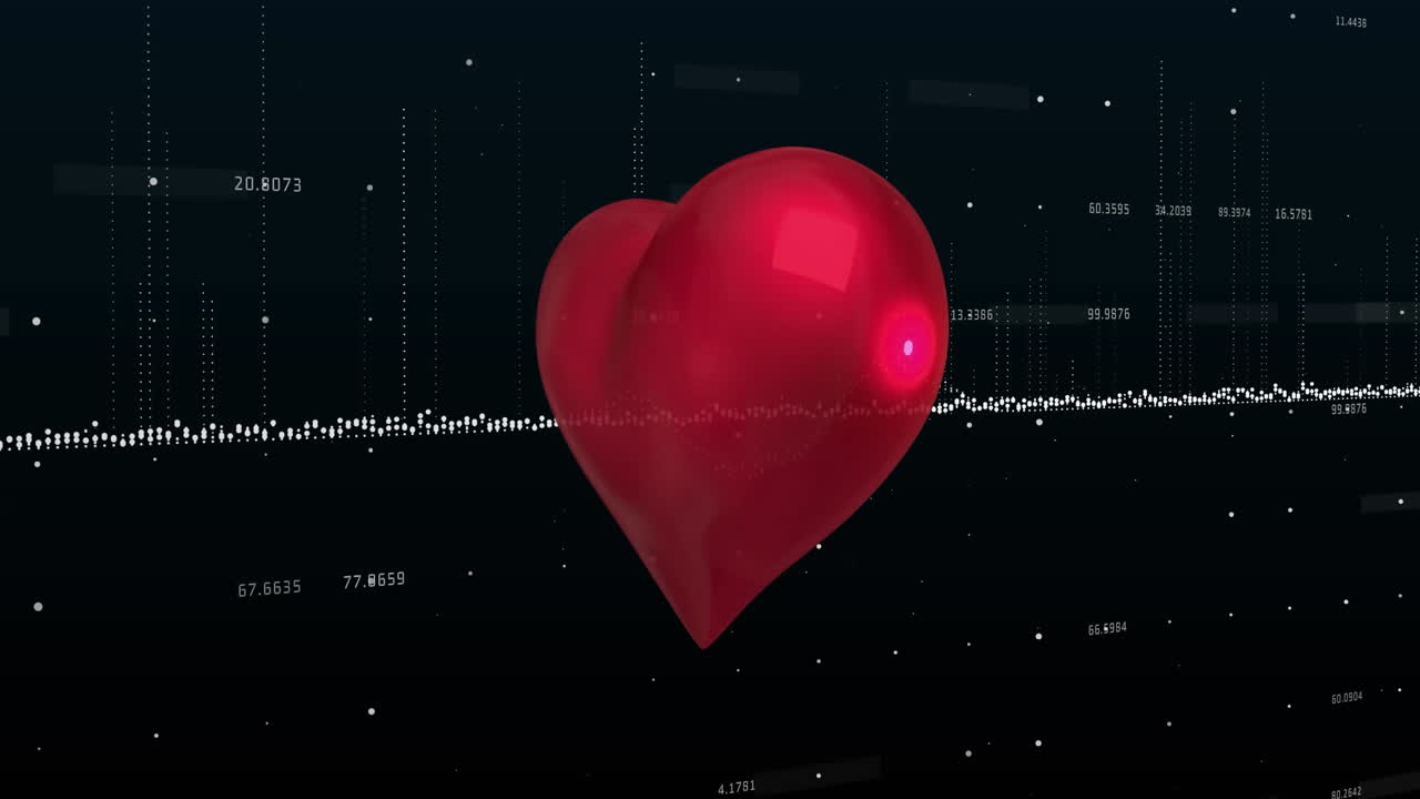 animación de un corazón rojo giratorio sobre una línea en movimiento y números de procesamiento de datos, sobre fondo negro
