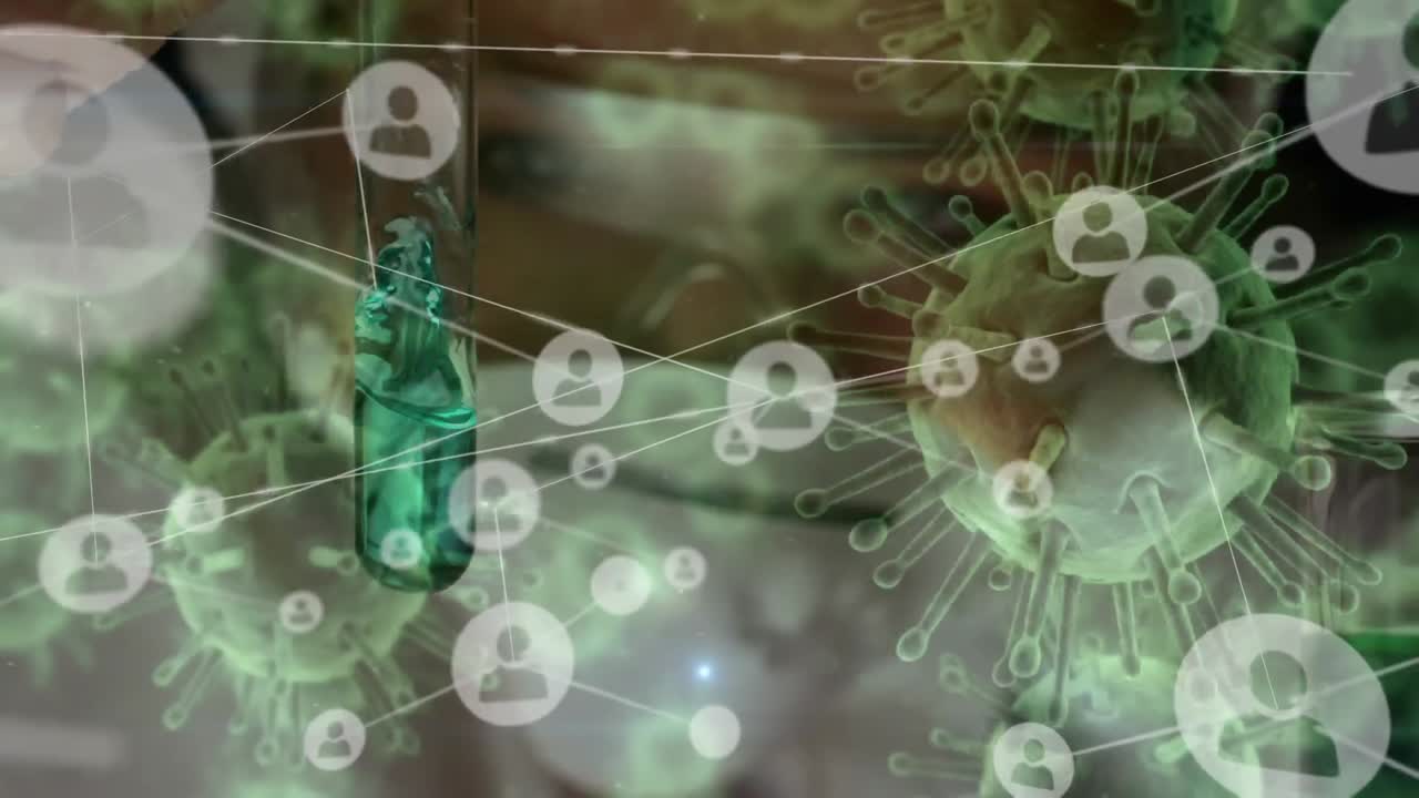 animación de células de macro coronavirus covid-19 que se propagan sobre una persona que lleva una máscara protectora