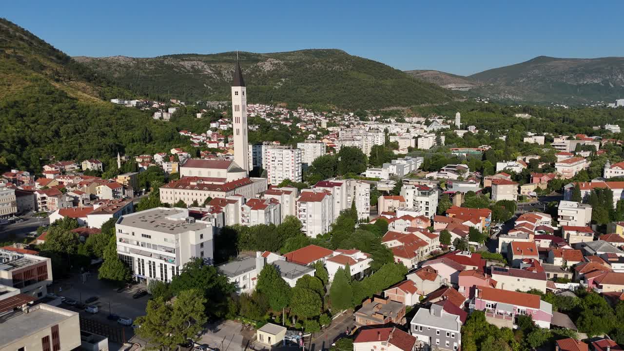 Aerial drone view of Mostar town city bosnia and herzegovina balkan country balkans old bridge Neretva River Stari Most summer july