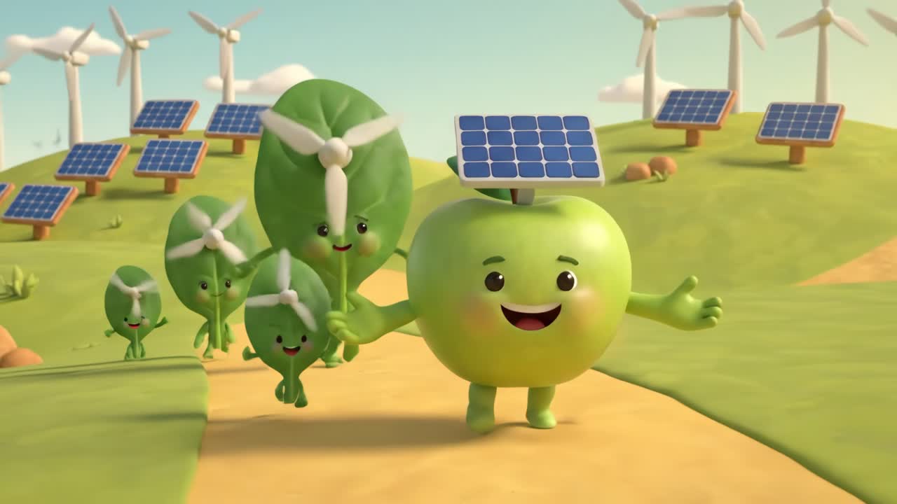 Mela e foglie animate che promuovono l'energia verde con il solare e l'eolico