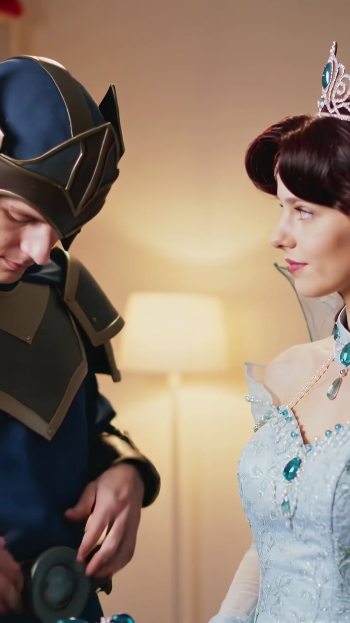 Vertical video: Leaning costumed knight fastening necklace and giving princess scepter at ceremony
