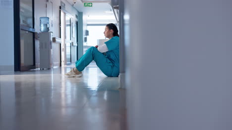 nurse, stress and sad on floor for hospital