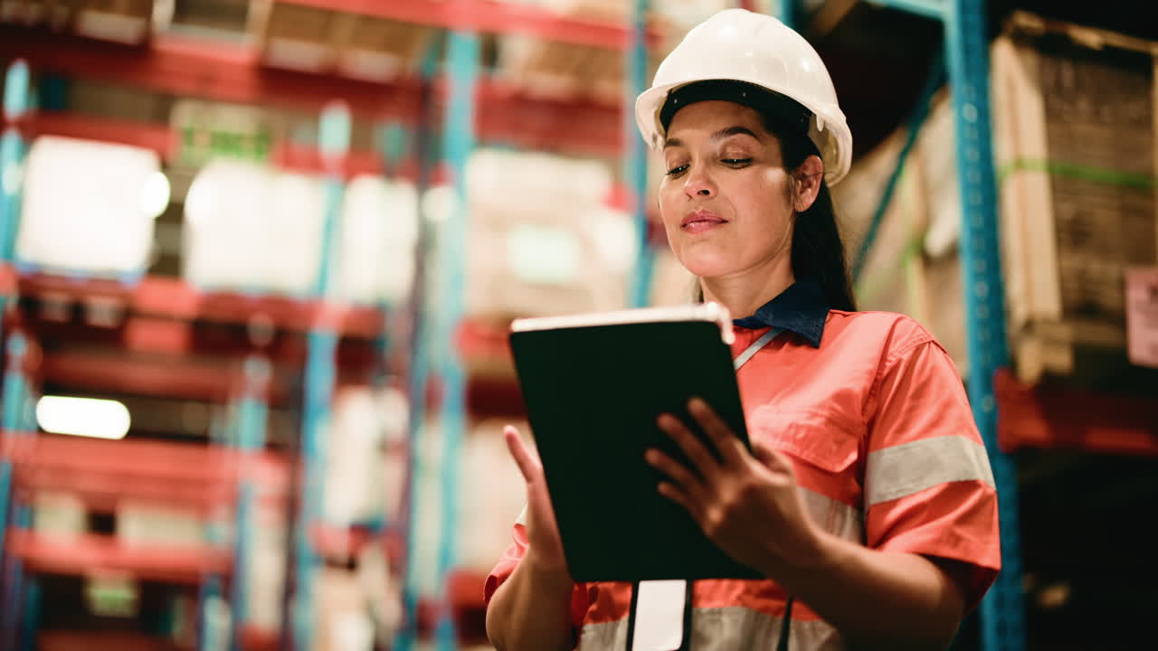 Donna professionista con cappello che usa il tablet in magazzino