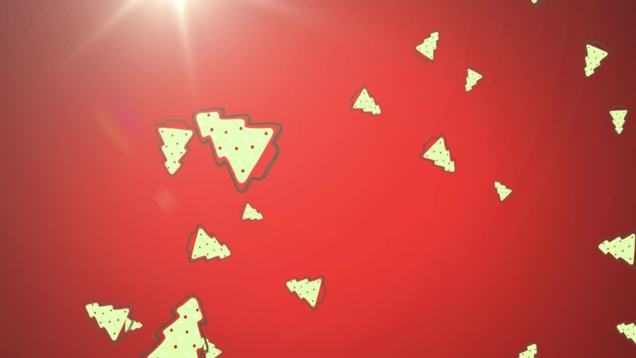 animación de varios árboles de navidad que caen con luz brillante sobre un fondo rojo