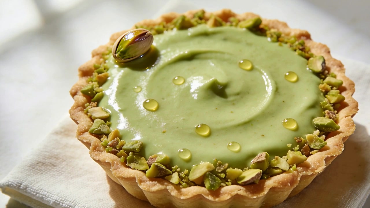 Zooming camera capturing pistachio tart on folded white cloth under window light, revealing texture
