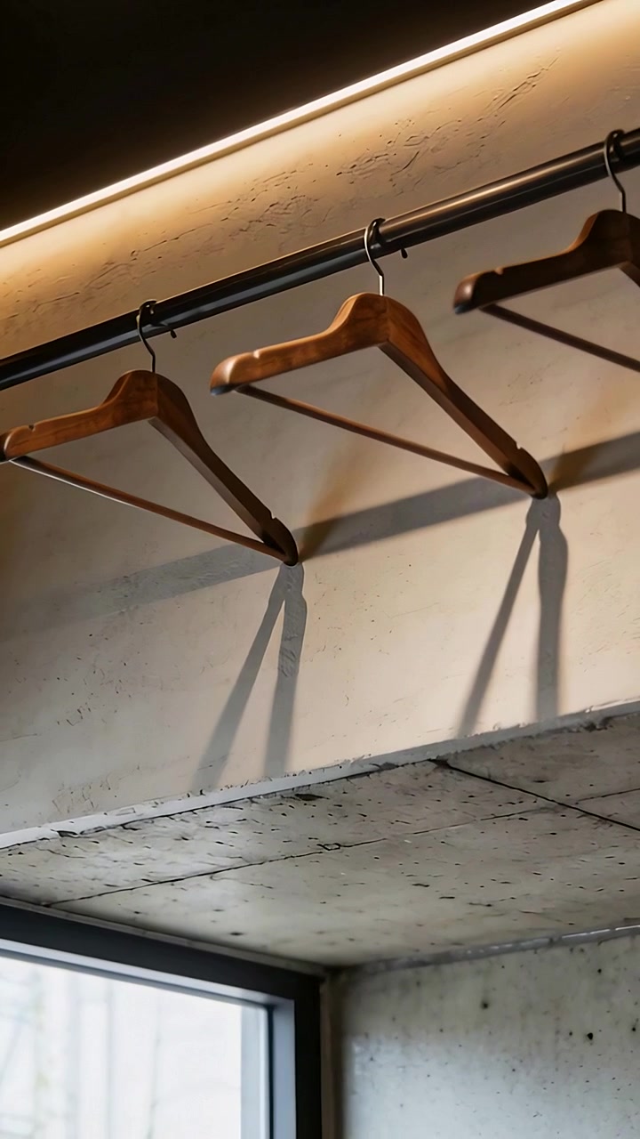 Video verticale: tre grucce che oscillano su un'asta nell'armadio a causa di una corrente d'aria dalla finestra, proiettando ombre a LED