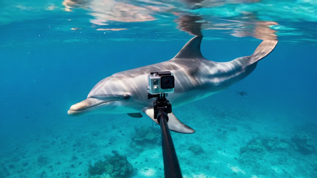 A Curious Dolphin Approaches a Selfie Stick Camera While Swimming in Crystal Clear Ocean Waters, Capturing an Underwater Moment of Playful Interaction with Its New Friend