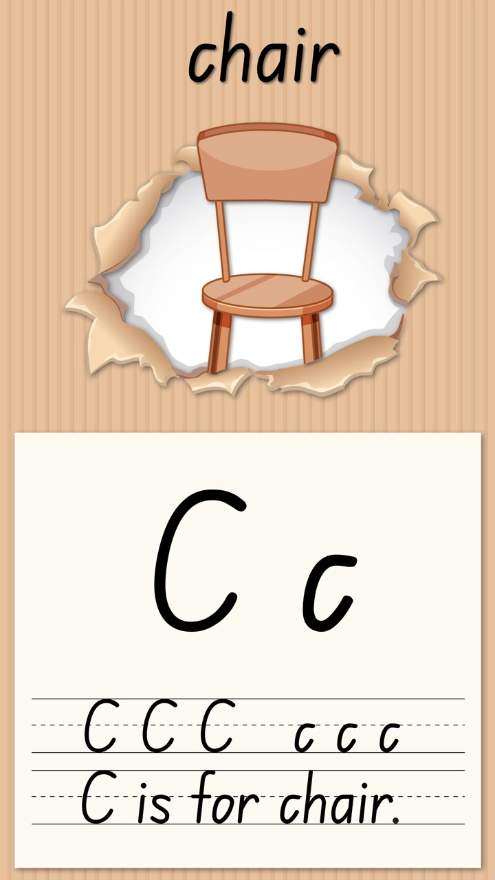 Video educativo animato che insegna la lettera C usando l'illustrazione di una sedia e la pratica della scrittura a mano.