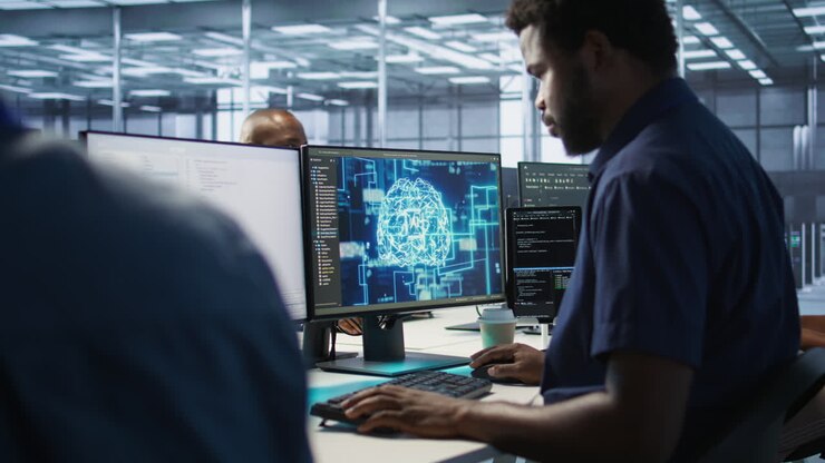 Team of programmers working on AI project