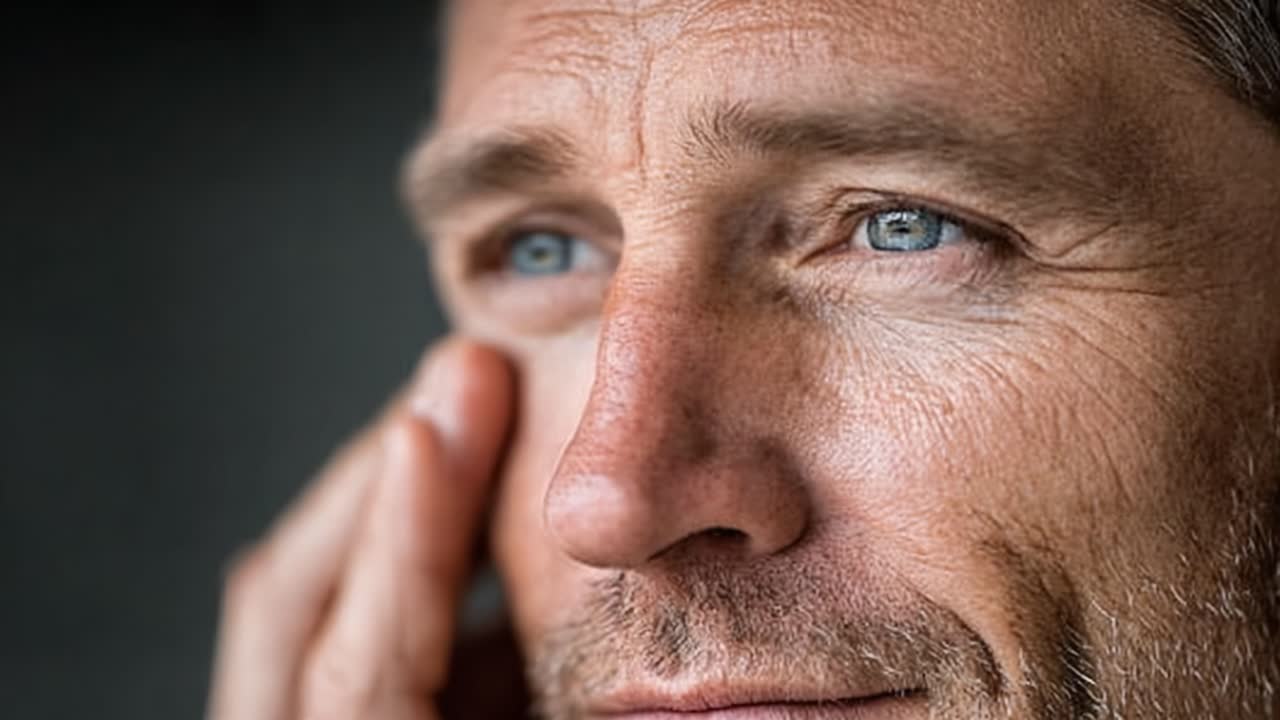 An Introspective Moment Captured: A Close-Up of a Thoughtful Man Reflecting with Intense Blue Eyes and a Subtle Smile, Highlighting Emotion and Depth
